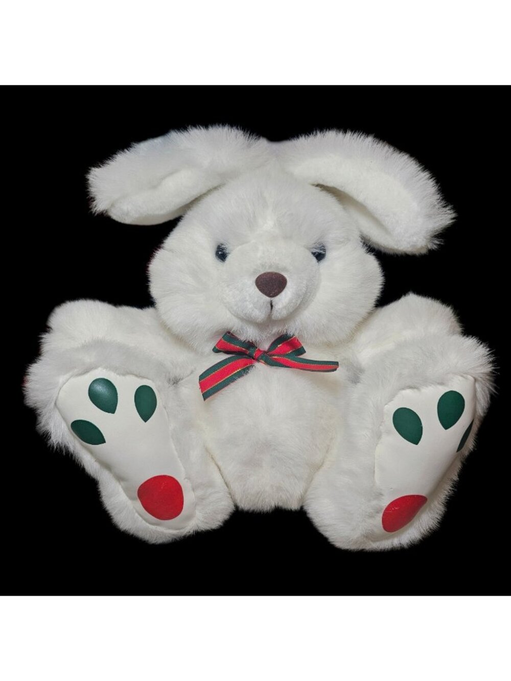 VTG 90s Chosun Christmas Bunny Rabbit Plush Stuffed Animal White Bow Big Feet